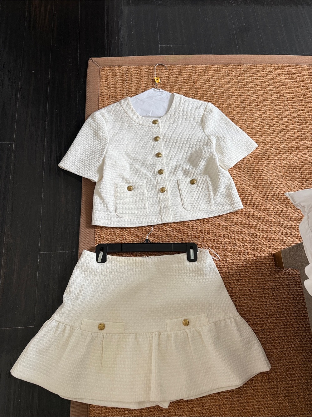 amanda uprichard White Textured Two-Piece Skirt Set with Gold Buttons